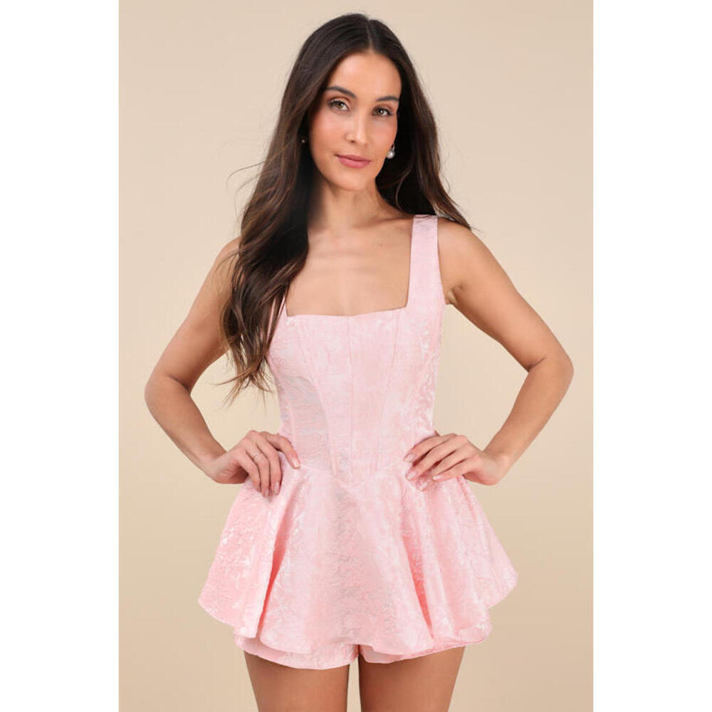 Lulus Radiant Flair Light Pink Floral Jacquard Bustier Skort Romper - Size S
